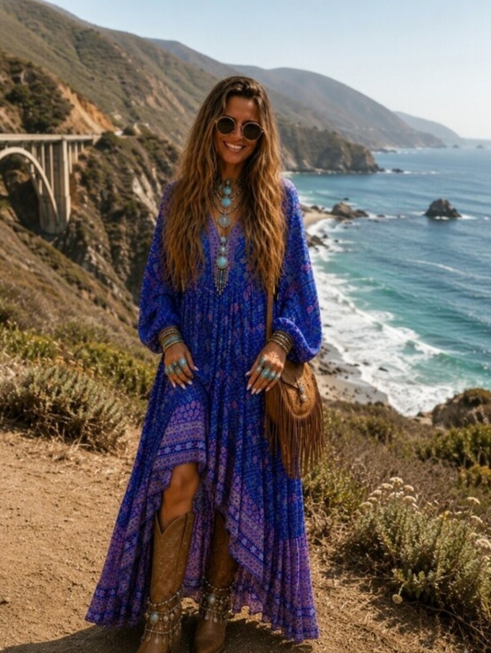 Blue and Purple Floral Boho Maxi Dress